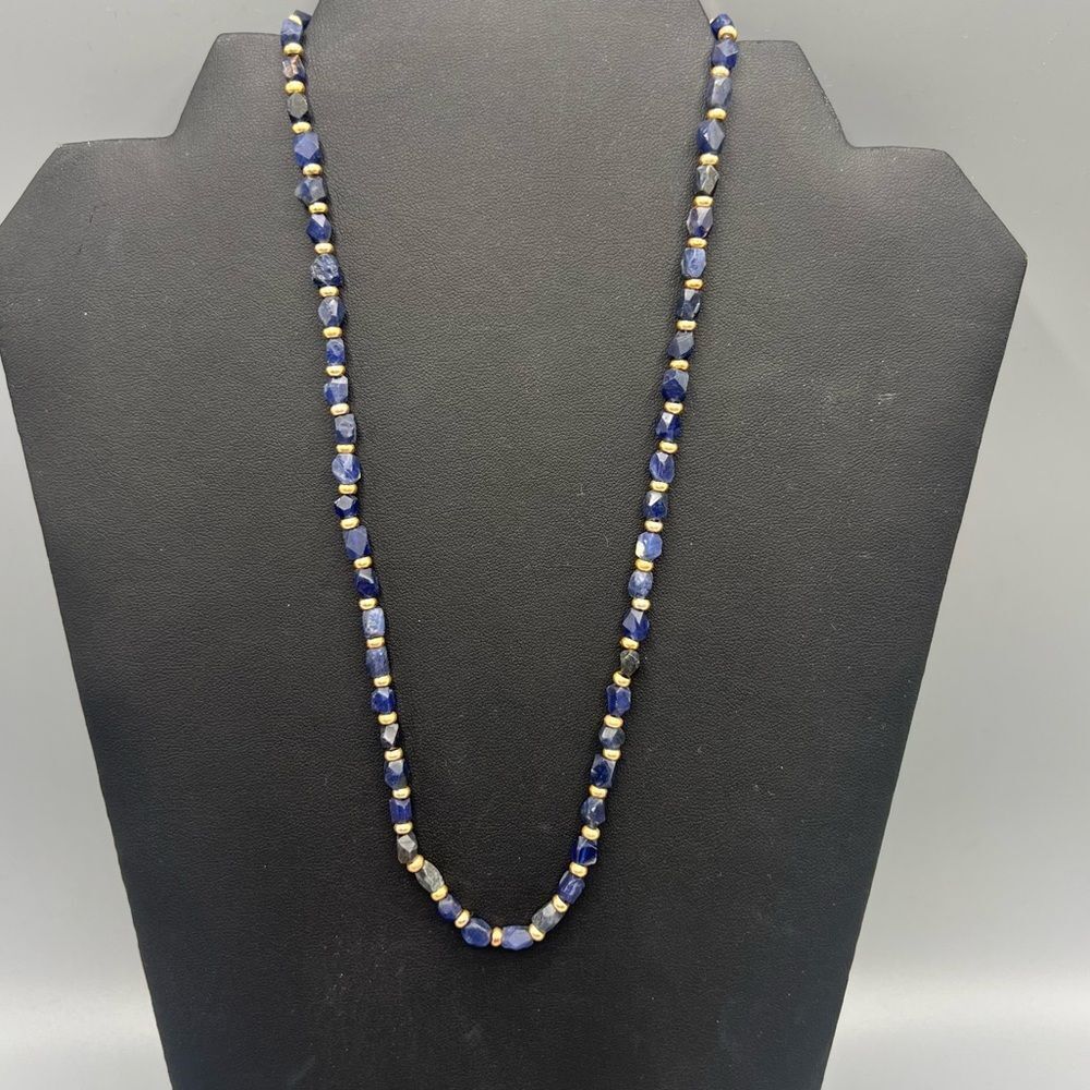 Women’s Blue Lapis Lazuli Gemstone Bead Necklace with Gold Accents - Picture 2 of 4